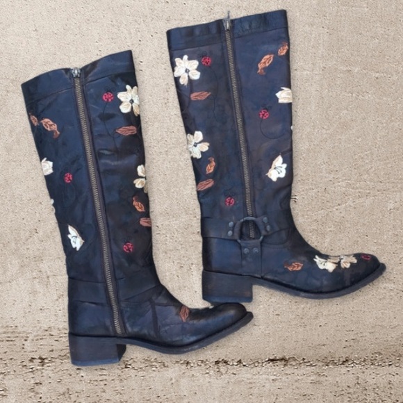 Vintage Dan Post Anise Flower Embroidered Western Harness Boots - Picture 3 of 8